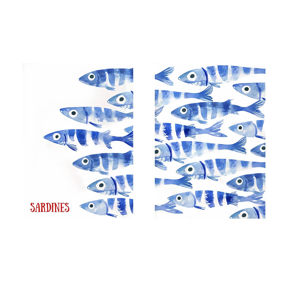 Illustration of blue sardines on a white background with 'SARDINES' text.