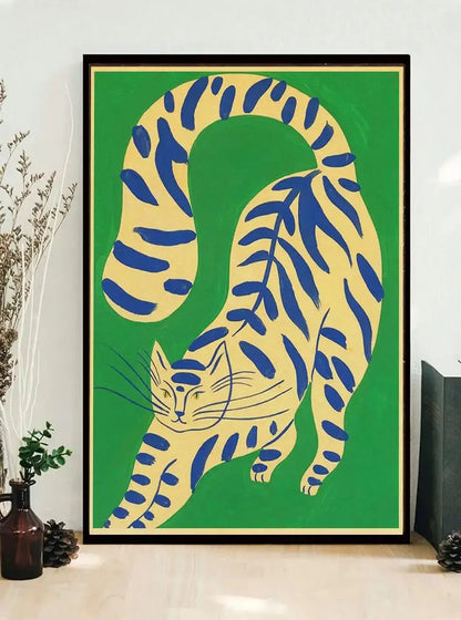 Framed artwork of a stylized tiger with blue stripes on a green background, displayed indoors.
