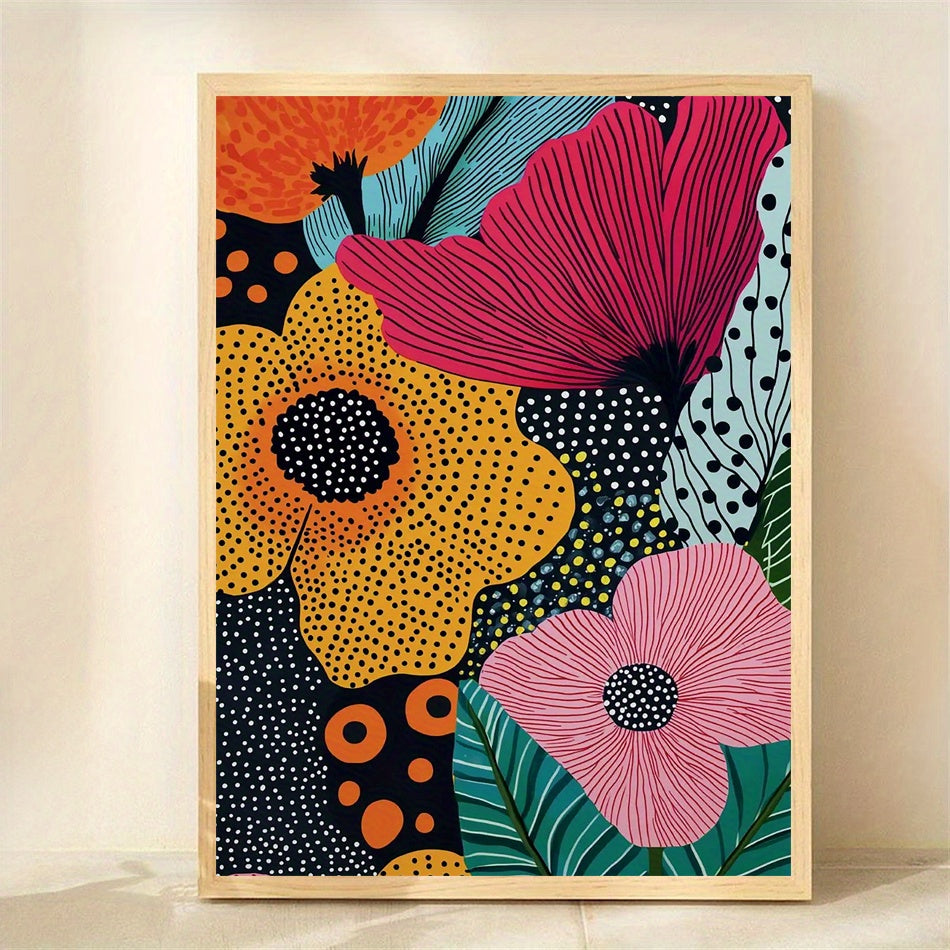 Framed colorful floral artwork on a beige wall