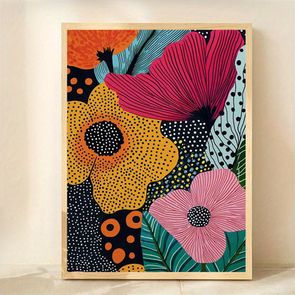Framed colorful floral artwork on a beige wall