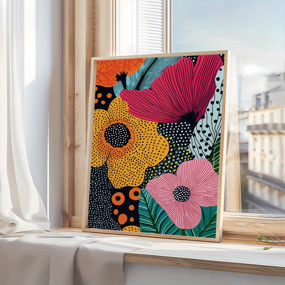 Framed colorful floral artwork on a windowsill