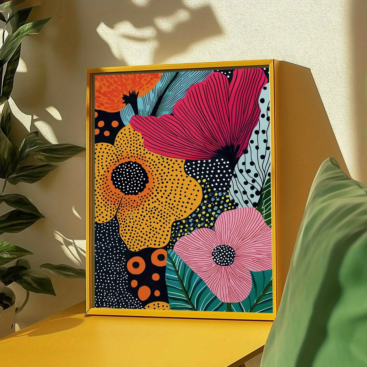 Colorful floral artwork in a gold frame on a yellow surface with a plant in the background