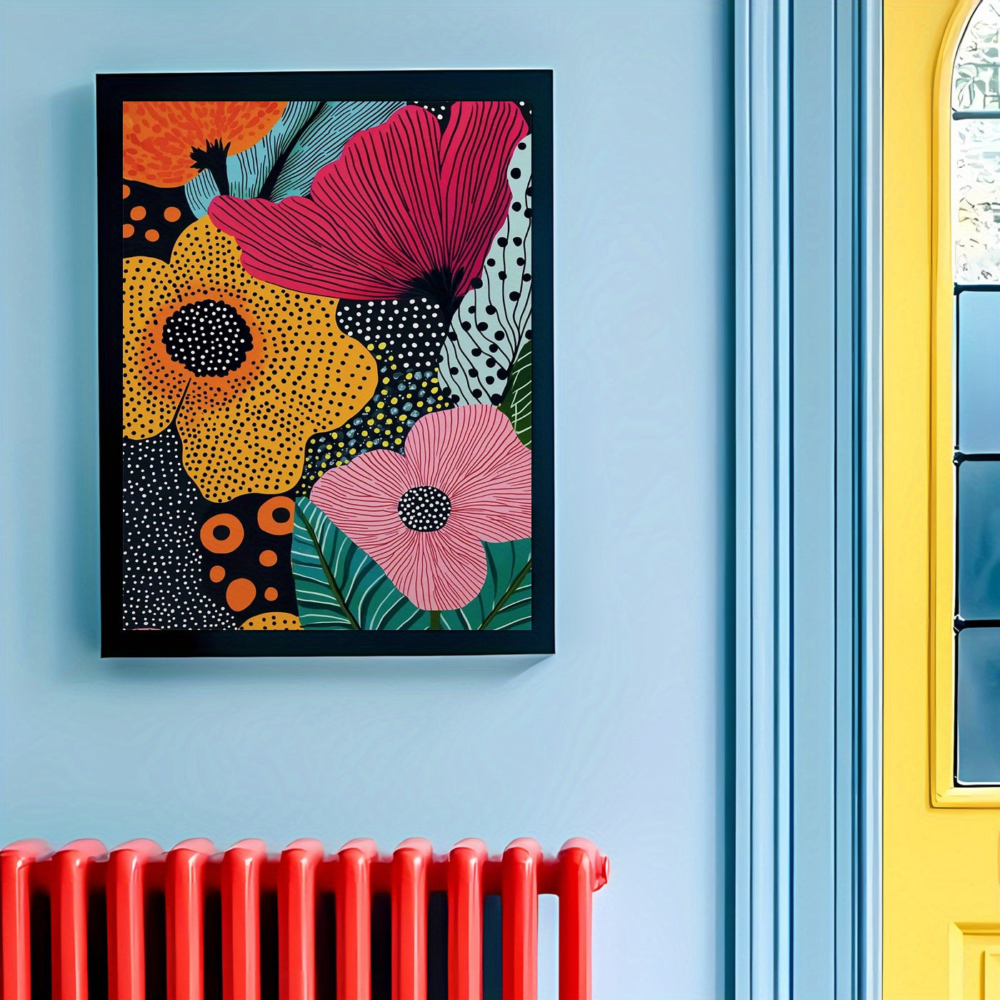 Colorful floral artwork on a blue wall with a yellow door and red radiator.