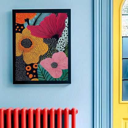 Colorful floral artwork on a blue wall with a yellow door and red radiator.