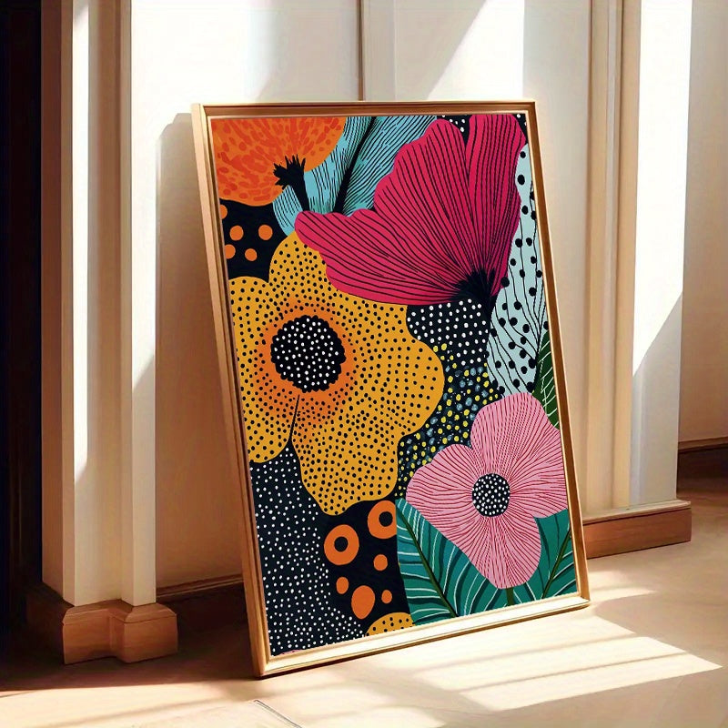 Colorful floral artwork in a wooden frame on a light wooden floor.