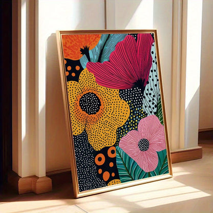 Colorful floral artwork in a wooden frame on a light wooden floor.