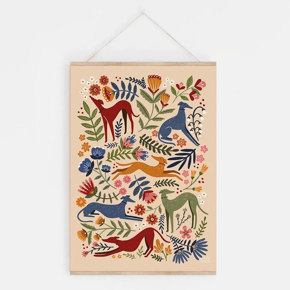 Decorative wall art with colorful dogs and flowers on a beige background