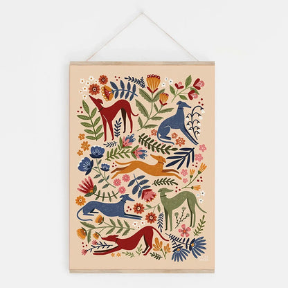 Decorative wall art with colorful dogs and flowers on a beige background