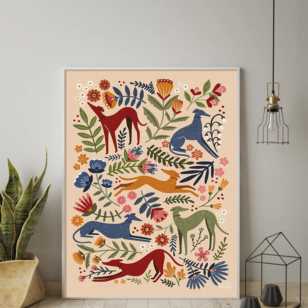 Decorative wall art with colorful animals and flowers on a beige background