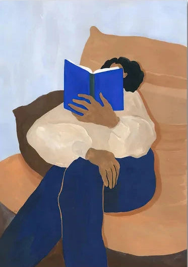 Illustration of a person reading a blue book on a couch with a light blue background