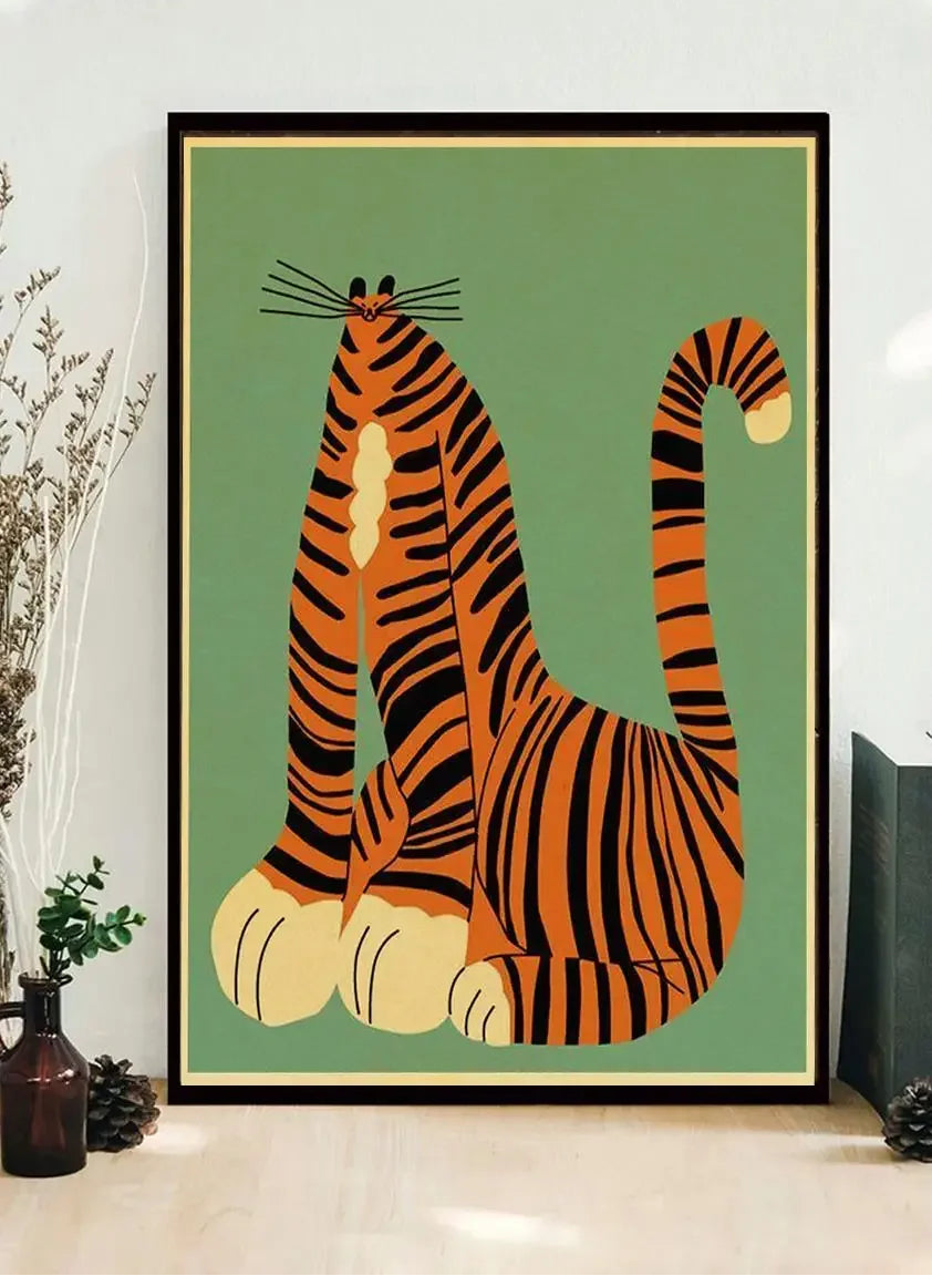 Framed artwork of a tiger on a green background