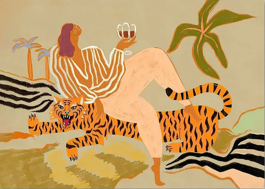 Canvas print with a stylized illustration of a person with a tiger and palm trees on a beige background.
