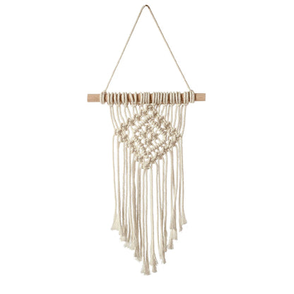 Macrame wall hanging with wooden frame on a white background