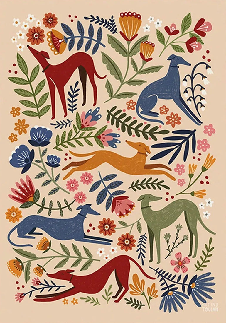 Decorative design with stylized dogs and flowers on a beige background