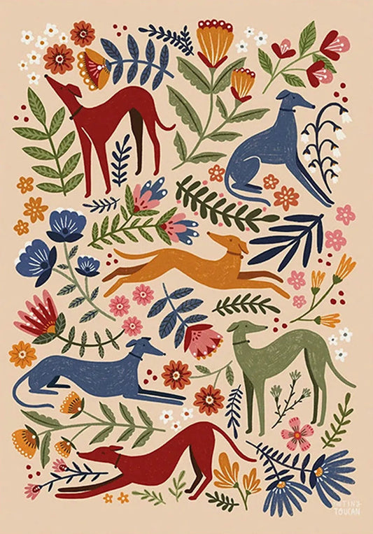 Decorative design with stylized dogs and flowers on a beige background